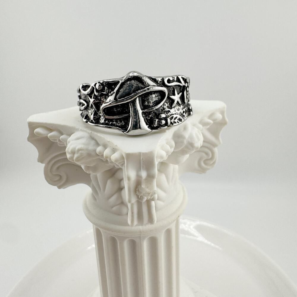 Vintage 925 Mushroom Star Band Ring Retro Psychedelic Fun Cottage Twee